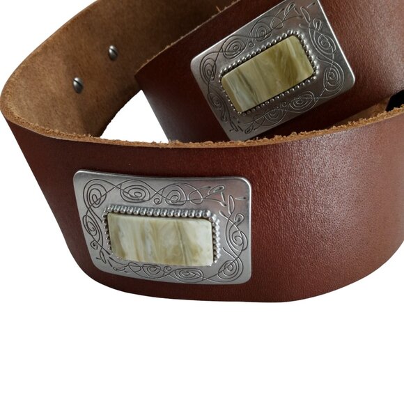 Express Wide Brown Leather Concho Silver Chunky Belt Size L  Stone Agate - Picture 5 of 7
